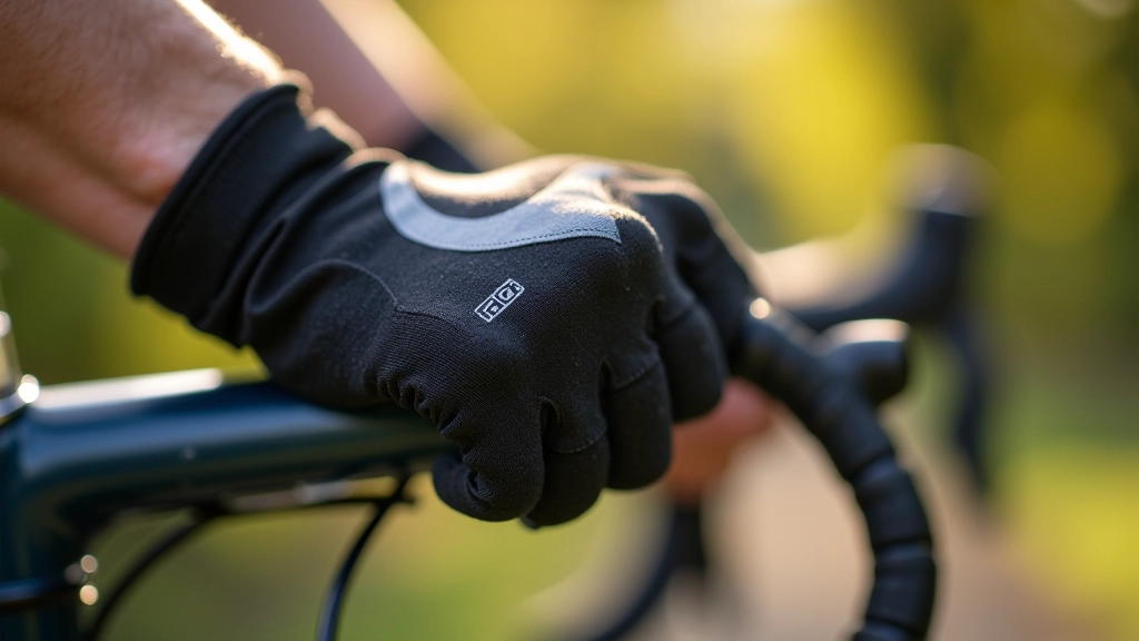Close-up of padded cycling gloves showing gel palm padding and reflective details on a bike handlebar