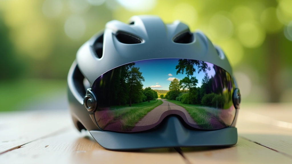 Close-up of a bicycle helmet with reflection of greenway path in the visor