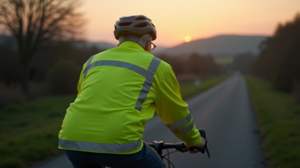 Cyclist wearing high-visibility vest and lights on a dimly lit greenway path during evening ride