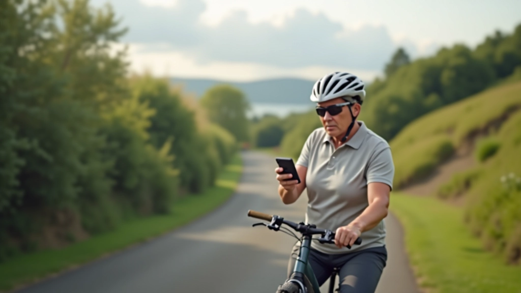 Cyclist checking a route map or GPS device while on a rest break