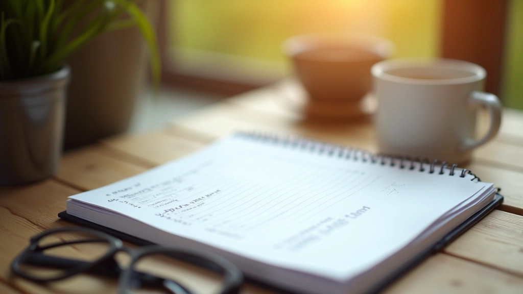 Fitness tracker and cycling log notebook on wooden table with coffee and eyeglasses