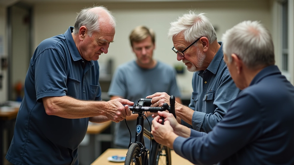 Senior cyclist learning about bike maintenance in a workshop setting