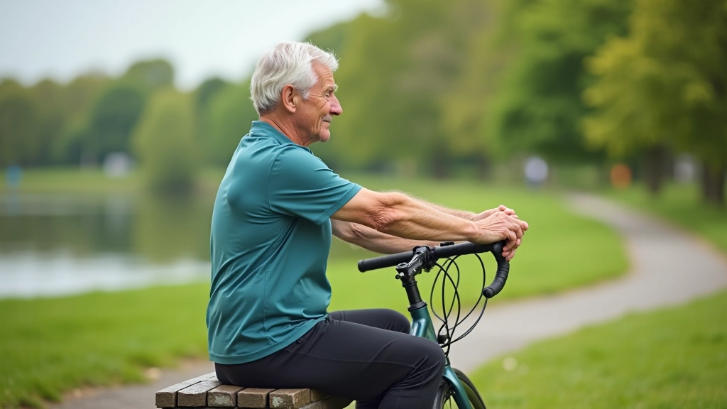 Senior cyclist stretching legs after a ride, sitting on a park bench near the greenway