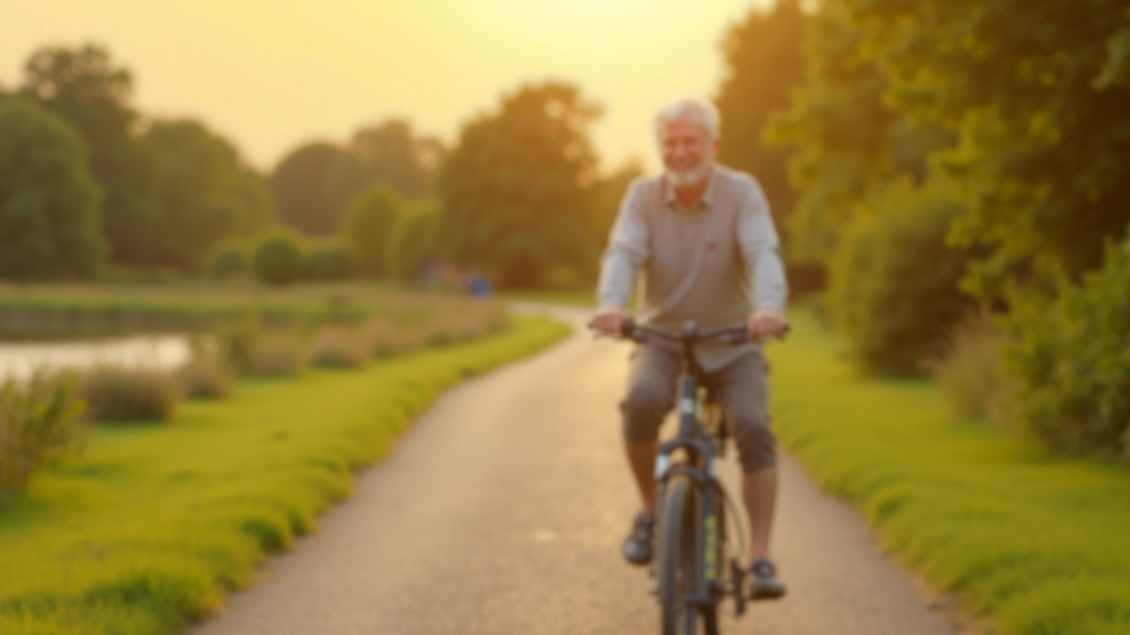 Senior cyclist riding along a peaceful tree-lined path with water visible in distance