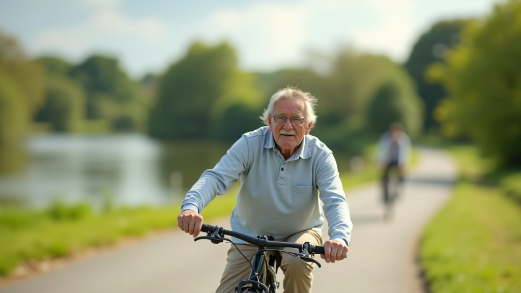 Older cyclist riding on a flat lakeside path with trees and water visible in background