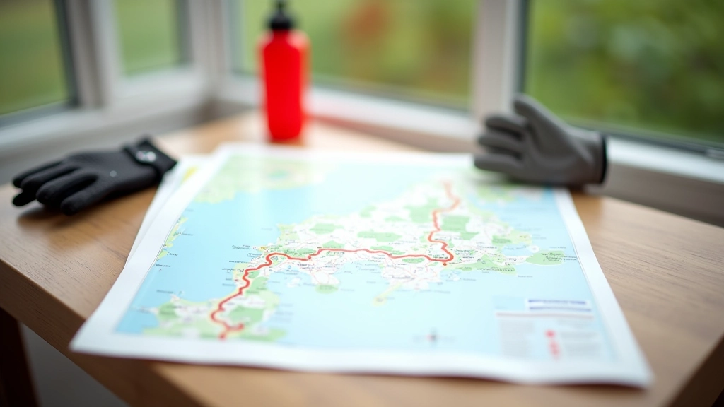 Cycling map with route highlighted and comfortable biking gear arranged on the surface