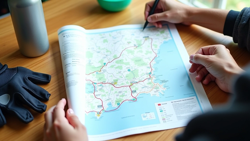 Map spread on table with a route highlighted and cycling gloves placed on top