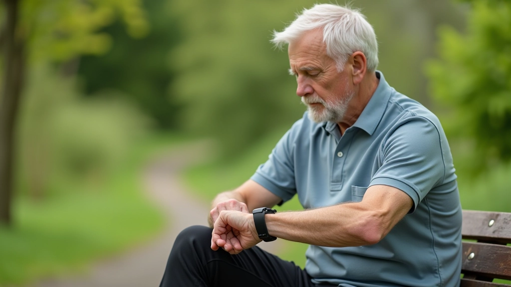 Senior cyclist checking pulse on wrist while sitting on a bench beside the greenway