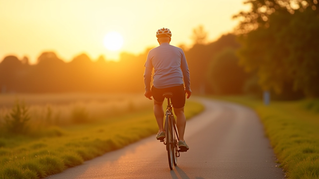 Cyclist in athletic wear riding on a scenic greenway path during golden hour light