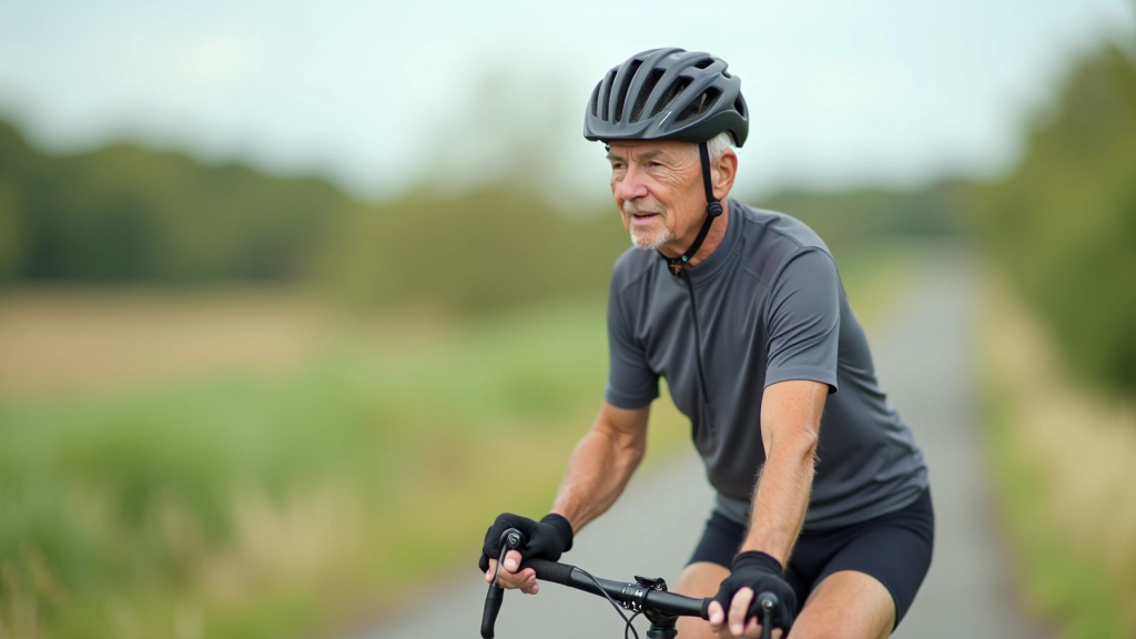 Proper helmet fitting on a senior cyclist, side profile showing correct positioning two fingers above eyebrows