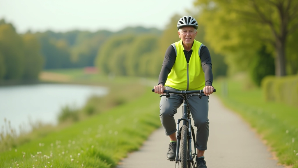 Older cyclist riding on peaceful greenway with water and trees visible in background