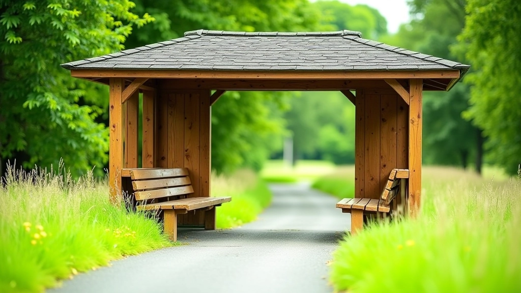 Rest stop shelter with benches and information board along the cycling route